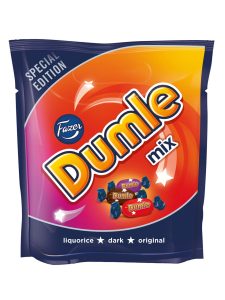 Fazer Dumle Mix3 with new Dumle Dark: dark chocolate covered chocolate toffee. Other tastes Dumle Original and Licorice.