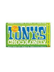 Tony's Chocolonely Fairtrade dark chocolate with at least 51% cacoa solids and almonds and seasalt