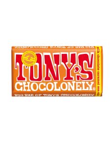 Tony's Chocolonely Fairtrade milkchocolate with at least 32% cacao solids and caramel and seasalt
