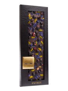 chocoMe Entrée dark chocolate bar with crystallized violet petal, pistachios and black currants