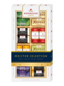 Niederegger marzipan pralines coated in crisp dark or milk chocolate in a gift package