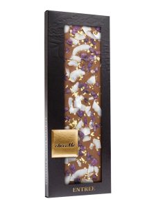 chocoMe milk chocolate with candied edible violet blossoms, coconut flakes and 23 carat gold flakes