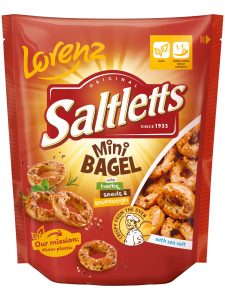Lorenz Saltletts Mini Bagel wheat pretzel cracker with sesame seeds, flaxseed, chia (Salvia hispanica) seeds and provencal herbs