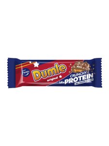 Fazer Dumle milk chocolate covered protein bar with toffee flavour and protein crisps. With sweeteners.