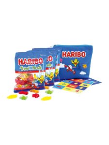 Haribo Travel Parade cotton bag with three bags of Travel Parade fruit gums and a memory game 300g