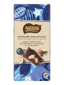 Nestlé Sustainably Sourced Cocoa dark chocolate tablet with almonds, hazelnuts and candied blueberries