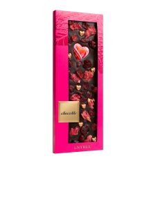 chocoMe dark chocolate with dried cranberries, crystallised rose petals, white chocolate heart and bronze-coloured dark chocolate heart