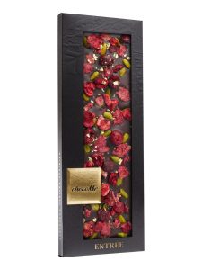 chocoMe dark chocolate with pistachios, crystallised rose petals, freeze-dried sour cherries and 23-carat gold crumbs