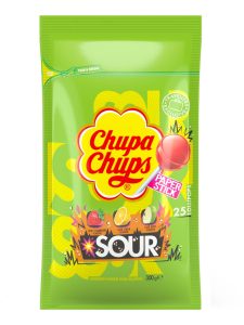Chupa Chups mixed lollipops in a bag with the flavors of sour apple, sour lemon and sour strawberry