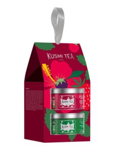 Kusmi gift set with 2 mini tins of flavored organic green tea and organic herbal tea