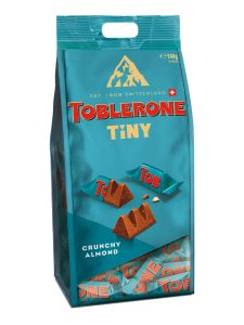 Toblerone tiny milk chocolate with honey and almond nougat, and with salted caramelized almonds