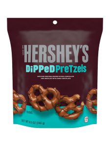Hershey's bite-sized pretzels coated in milk chocolate and sprinkled with dark chocolate