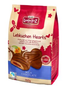 Lambertz gingerbread hearts with apricot fruit filling and coated with milk chocolate.