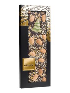 ChocoMe dark chocolate tablet with cloves, candied orange peel, almonds and a white chocolate Christmas tree