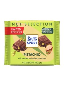 Ritter Sport milk chocolate bar with roasted and salted pistachio pieces