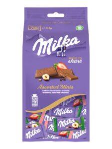 Milka chocolate individually wrapped with 3 flavors in a bag: Alpine Milk, Strawberry and Hazelnut.