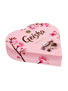 Geisha chocolates with hazelnut nougat filling in a heart-shaped box