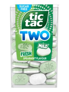 Tic Tac TWO sugar-free mint candies with spearmint fresh and mild flavor, with sweeteners