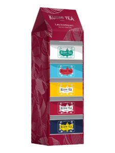 Kusmi tea set containing 5 mini tins of flavored teas, unflavored tea and flavored herbal tea