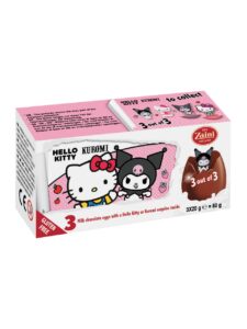 Milk chocolate surprise eggs, each with a Hello Kitty figure