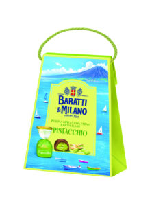Baratti & Milano milk chocolate with pistachio filling and caramelized pistachio pieces in a carrier bag