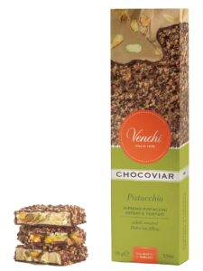 Venchi dark chocolate bar filled with pistachio paste and roasted pistachios