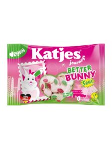 Katjes vegan fruit gummies in the shape of rabbit faces in a bag