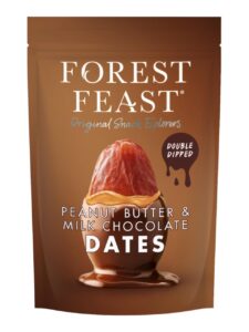 Forest Feast dates coated in peanut butter and milk chocolate in a pouch