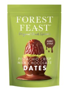 Forest Feast dates coated in pistachio butter, wafer, white chocolate and milk chocolate in a pouch