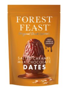 Forest Feast dates coated in milk chocolate with salted caramel flakes in a pouch