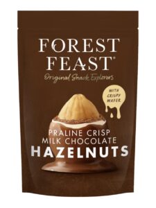Forest Feast hazelnuts coated in praline, wafer, white and milk chocolate in a pouch