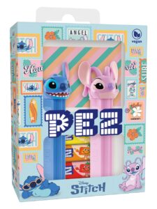 PEZ candies with fruit flavors and containers featuring Stitch characters