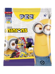 PEZ candies with fruit and cola flavors and containers with Minions characters