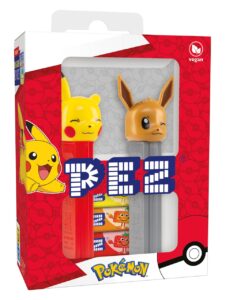 PEZ candies with fruit flavors and containers featuring Pokémon characters