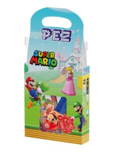 PEZ candies with fruit flavors and containers featuring Super Mario characters