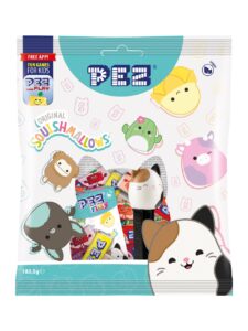 PEZ candies with fruit and cola flavors and containers with Squishmallow characters