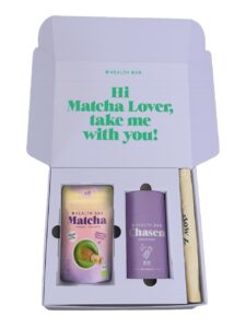 HEALTH BAR set with ground matcha, bamboo matcha whisk, and cotton travel bag