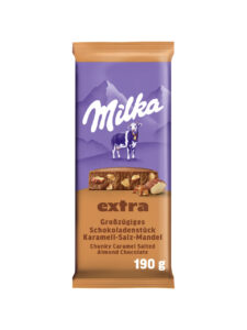 Milka milk chocolate bar with caramelized and salted almond pieces