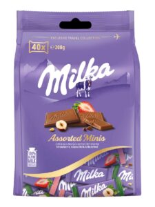 Milka Mix Naps with 3 different flavors: Alpine milk chocolate, Alpine milk chocolate with strawberry flavour filling, Alpine milk chocolate with hazelnuts.