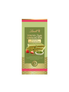 Lindt Tokyo Style white chocolate tablet with matcha green tea powder filled with almond-strawberry-matcha cream with genmai roasted rice