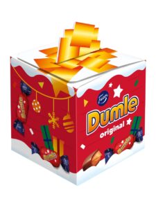Dumle soft toffees coated in milk chocolate in a festive box