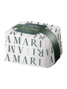 Amari Classic Panettone with candied fruit and raisins, wrapped in gift paper with a bow