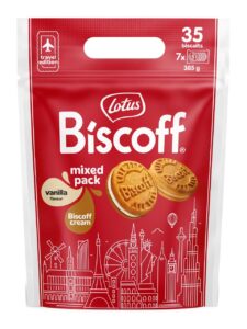 Lotus Biscoff assorted sandwich biscuits with vanilla cream or Biscoff cream in a stand-up pouch