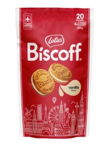 Lotus Biscoff sandwich biscuits with vanilla cream in a stand-up pouch